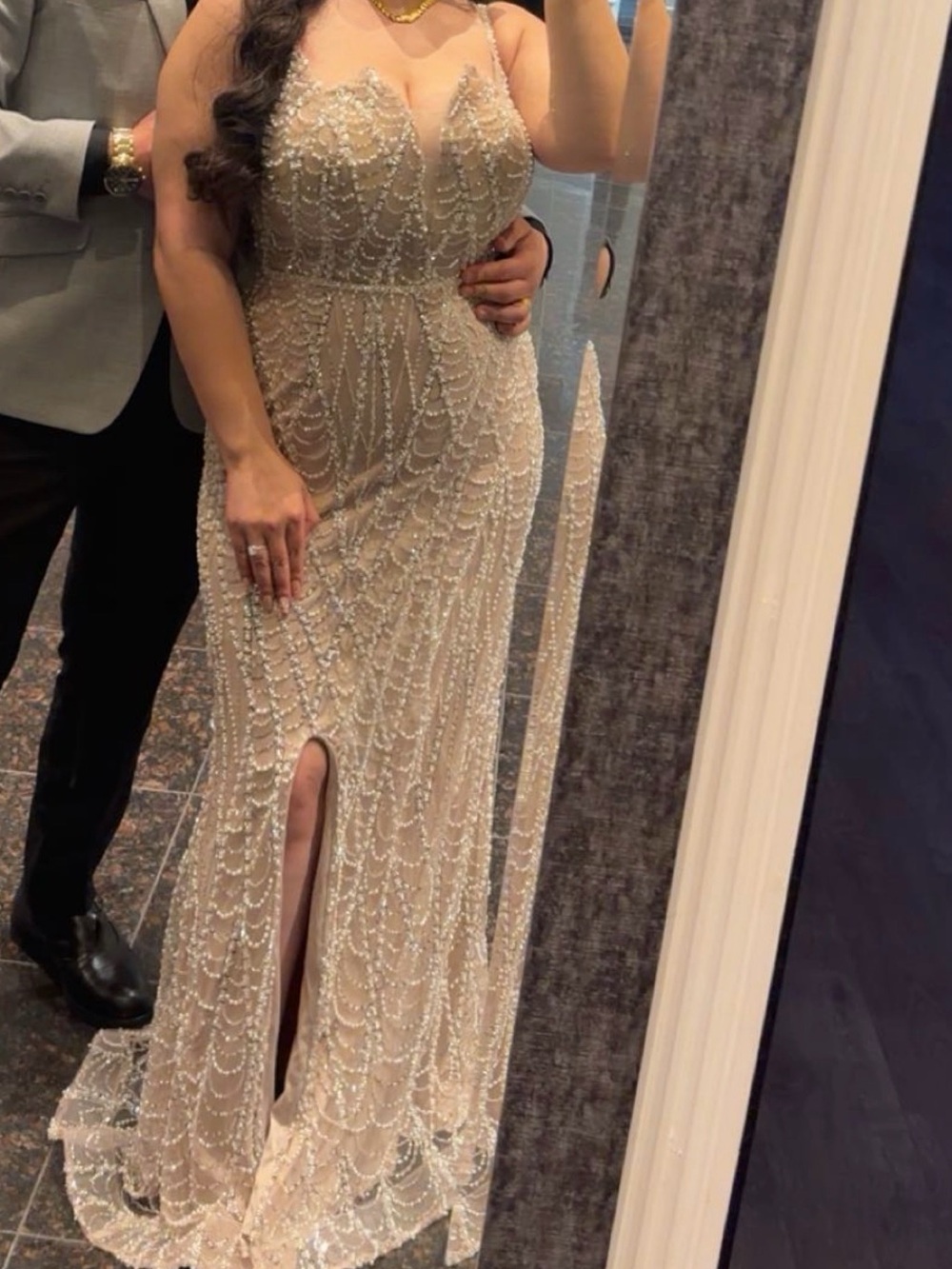 SHEIN Beaded Nude Prom Gown with Front Slit